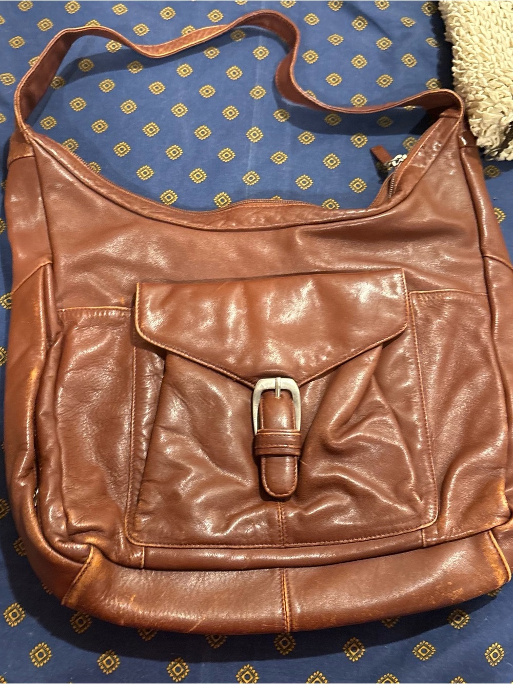 Tula Cognac Brown Leather Shoulder Bag with Front Buckle Pocket